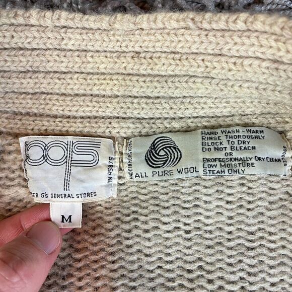 Vintage Cable Knit Cardigan Sweater Mens Womens Medium M Beige Pure Wool 70s 80s - Picture 7 of 16